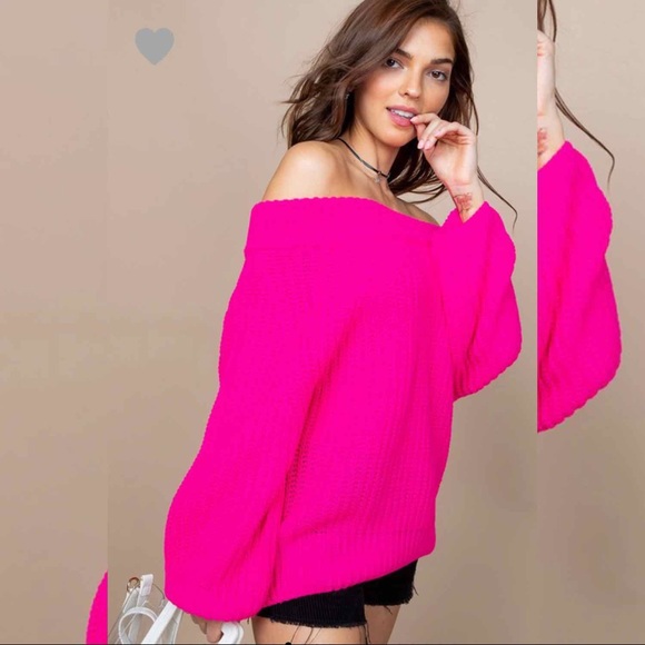 Off The Shoulder Sweater- NEON FUSHIA - Picture 2 of 4